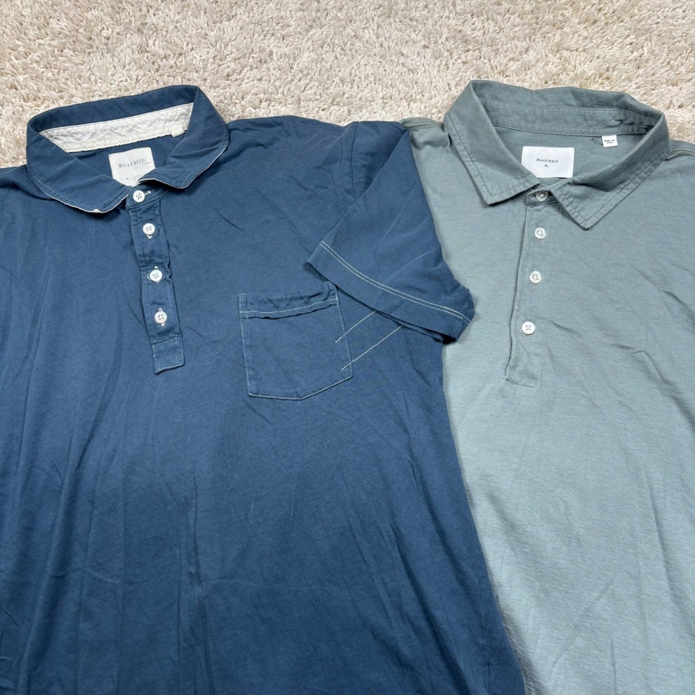 Billy Reid Polo Shirt Lot (2) Mens XL Blue Sage Green Cotton Short Sleeve Pocket